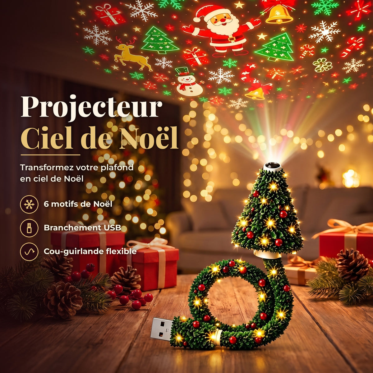 Projecteur Ciel de Noël projetant des motifs de Noël au plafond d'un salon