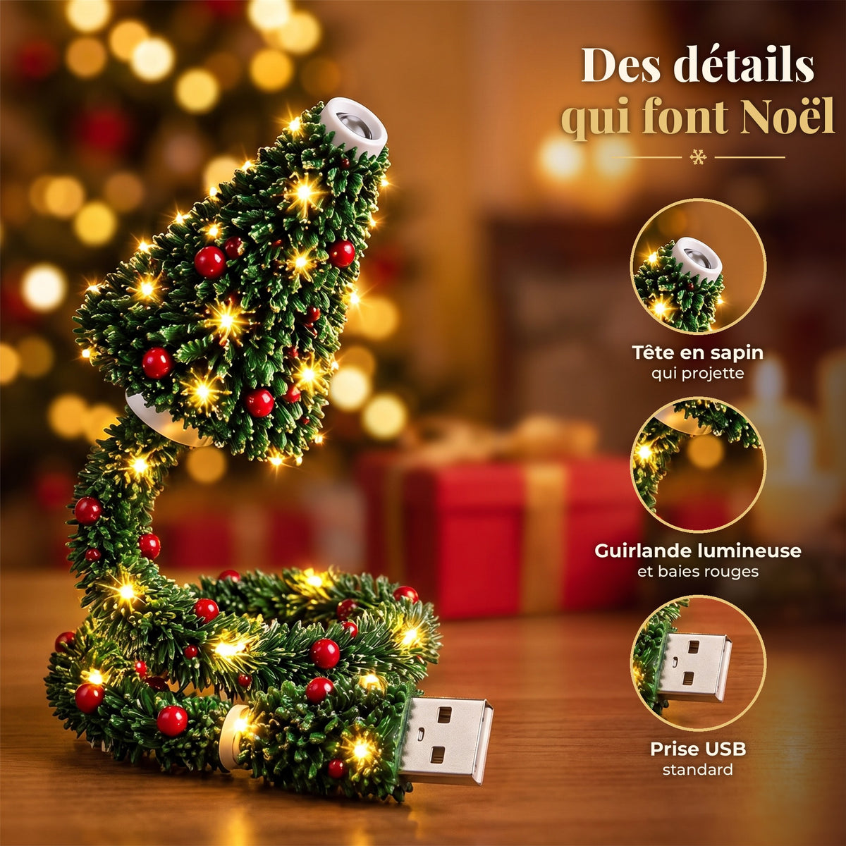 Gros plan sur la tête en sapin, la guirlande lumineuse et la prise USB du projecteur