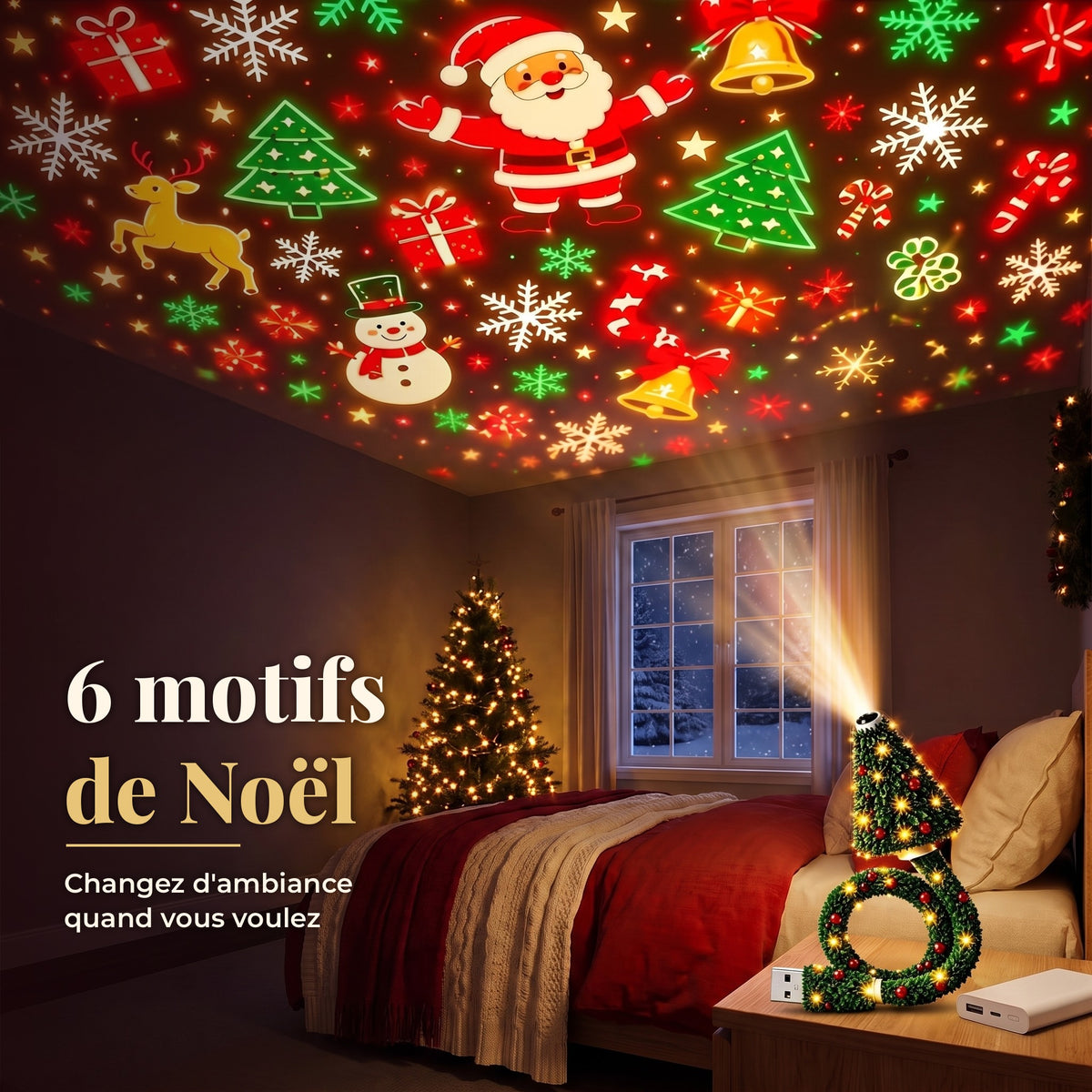Plafond d'une chambre couvert de motifs de Noël projetés
