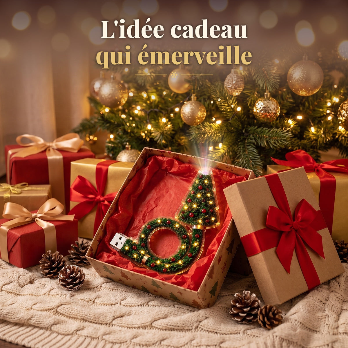 Projecteur Ciel de Noël dans un coffret cadeau au pied du sapin