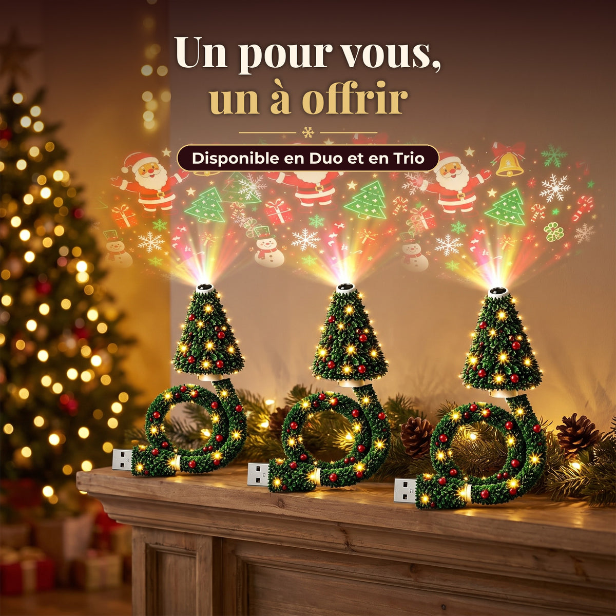 Trois projecteurs Ciel de Noël allumés sur une cheminée